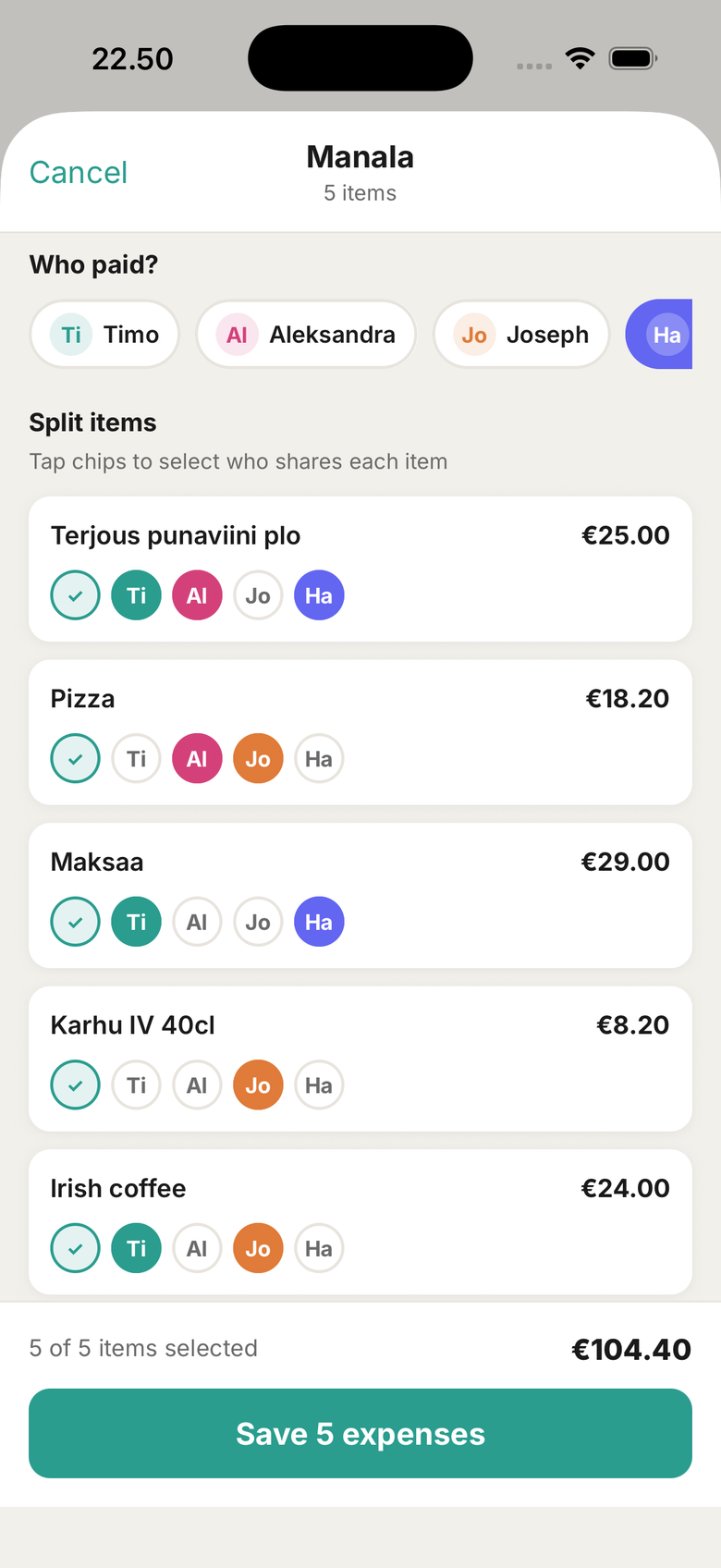 hilut per-item split screen, tapping chips to include people on each line