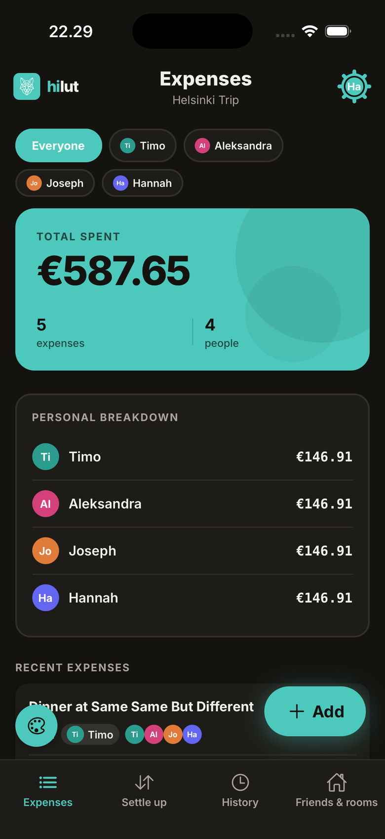 hilut Expenses screen in dark mode