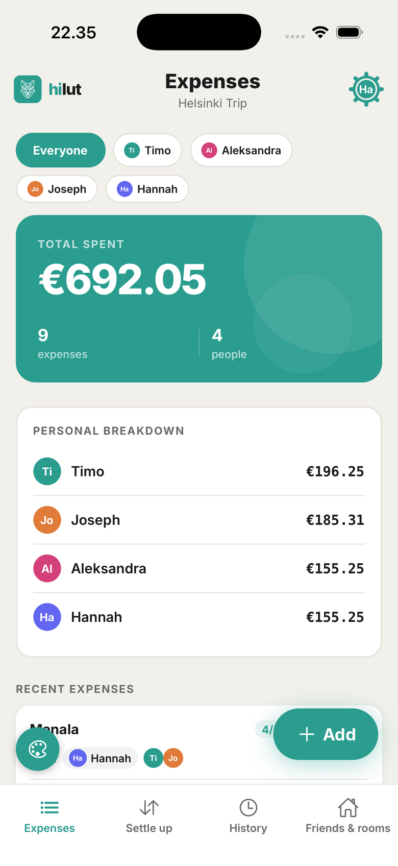 hilut Expenses screen showing a shared trip's total spend and personal breakdown
