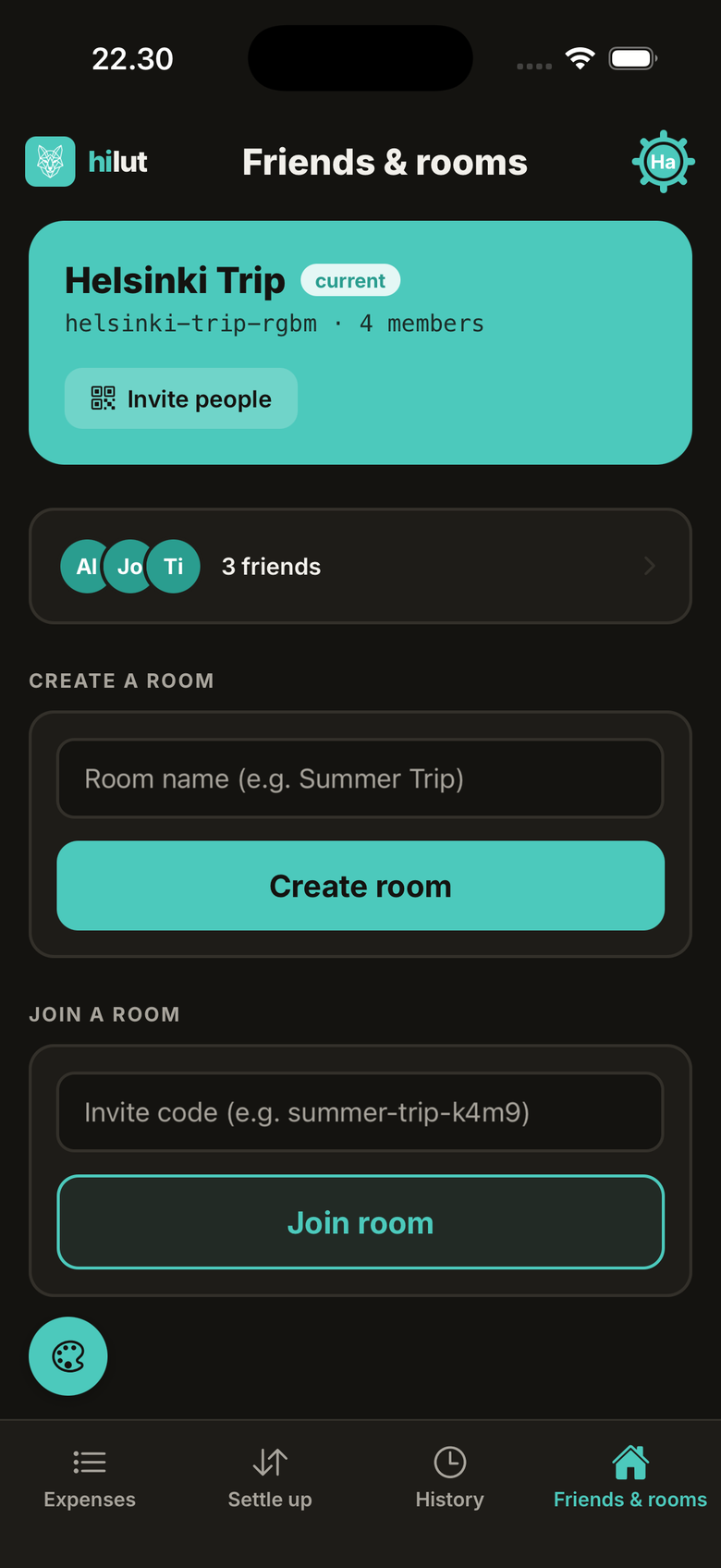 hilut Friends & rooms screen showing a Helsinki Trip room with four members
