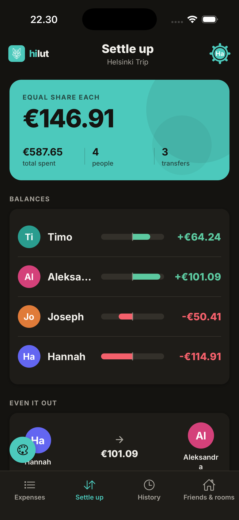 hilut Settle up screen in dark mode