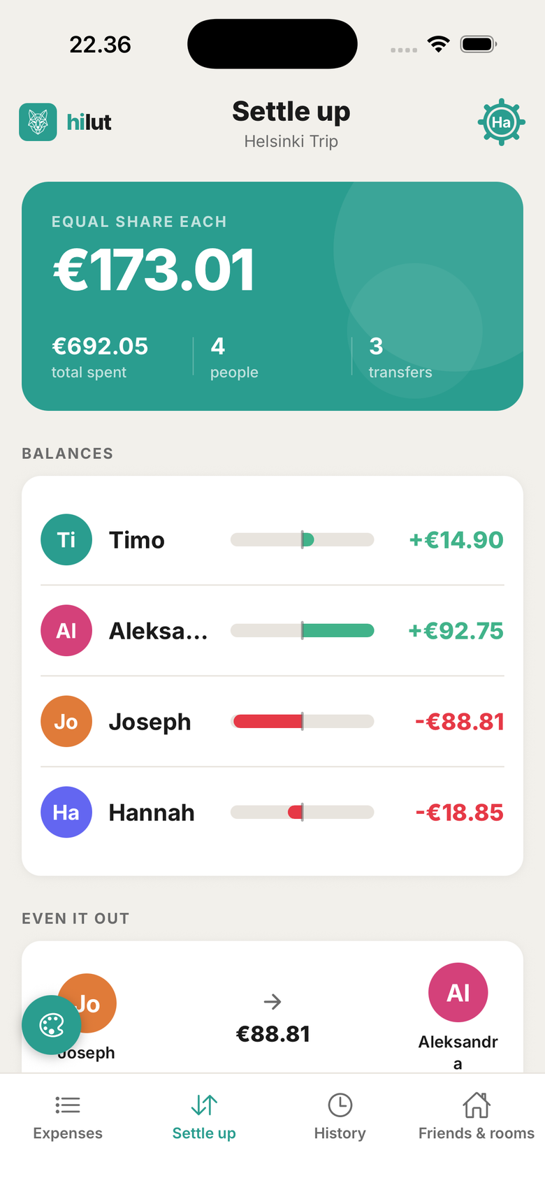 hilut Settle up screen showing balances and the fewest transfers needed